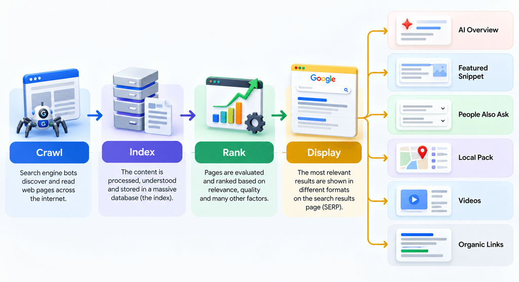 Crawl, index, rank, display